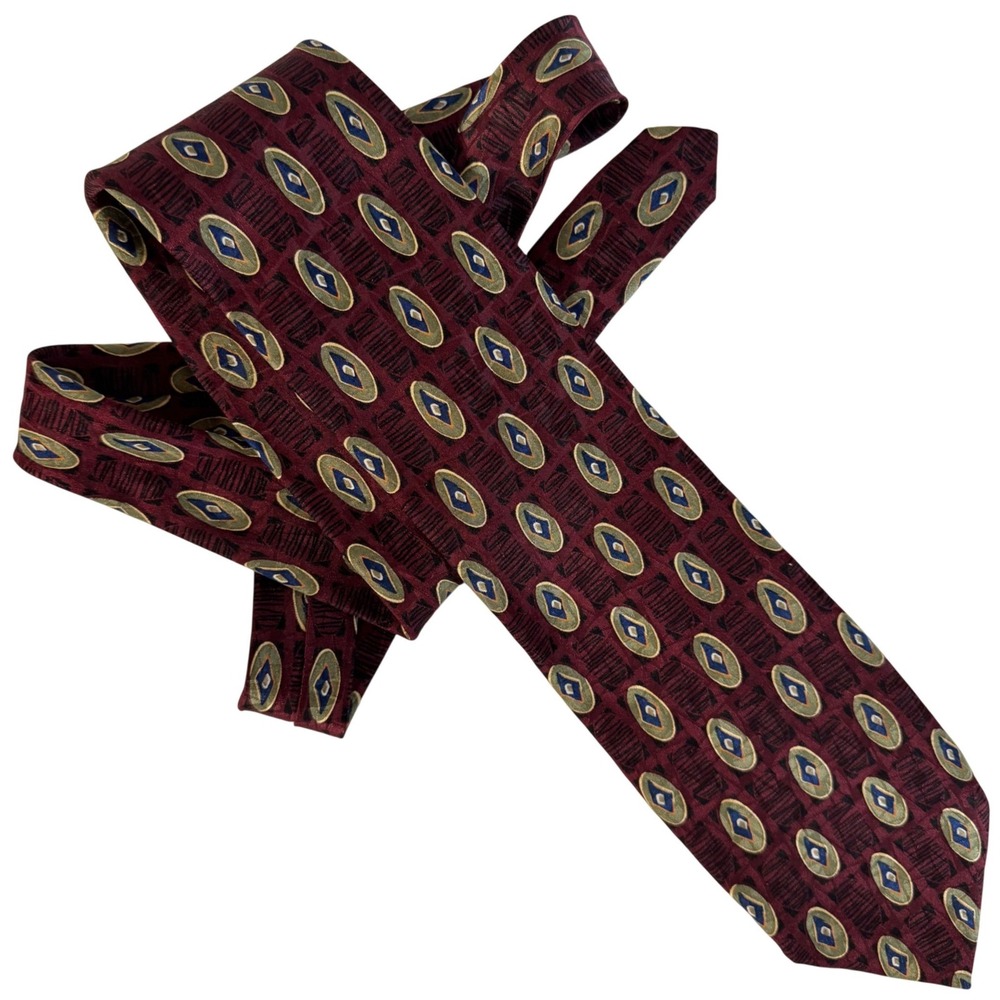Vintage Tom James Silk Tie Burgundy Olive Blue Geometric Medallion 59 x 3.5 USA